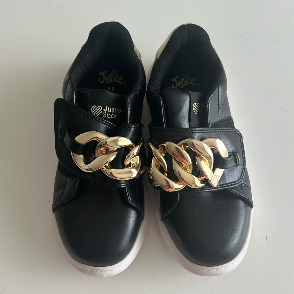 Girls Justice Brand Black and Gold Buckle Shoes